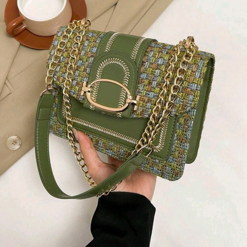 SALE ** BRAND NEW ** Green Tweed Chain Strap Women's Bag